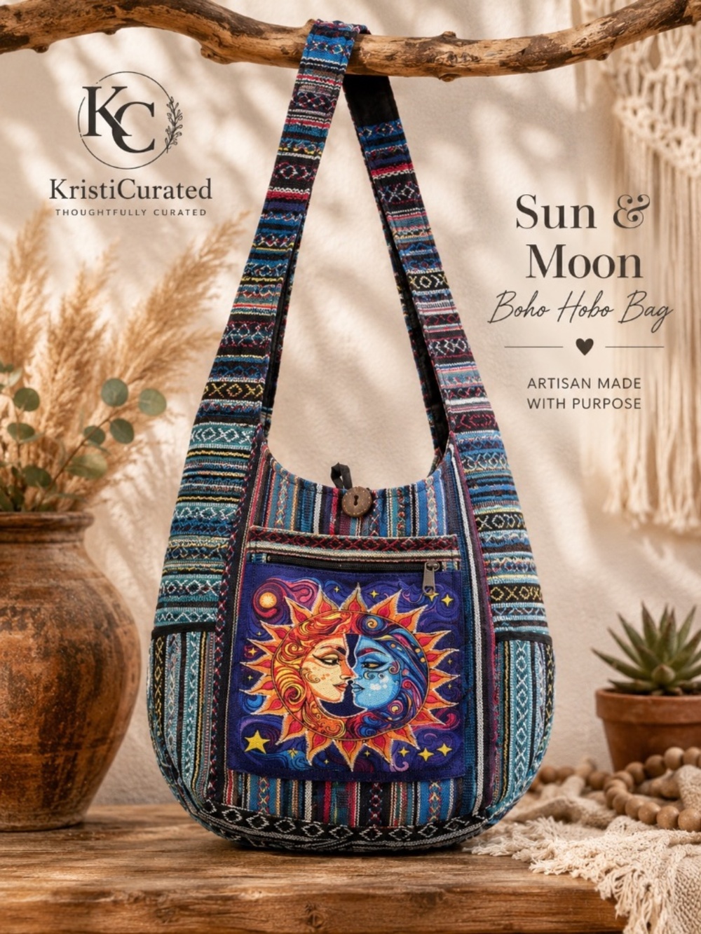 Rising International Large Sun & Moon Boho Hobo Bag Handcrafted Nepal NWT